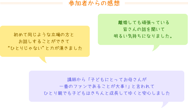 参加者からの感想 初めて同じような立場の方とお話しすることができてひとりじゃない”と力が湧きました 離婚しても頑張っている皆さんの話を聞いて明るい気持ちになりました。講師から「子どもにとってお母さんが一番のファンであることが大事！」と言われてひとり親でも子どもはきちんと成長してゆくと安心しました